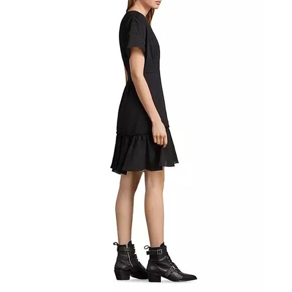 All Saints Rene Ruffle Bottom Short Sleeve Wrap Dress Black - Picture 9 of 9